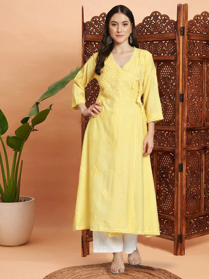 نسائي شيكانكاري مطرز يدويًا Chanderi Angrakha kurta-AL3667