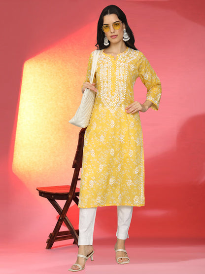 Women Hand Embroidered Chikankari Mulmul Cotton Printed Kurta-AL4041