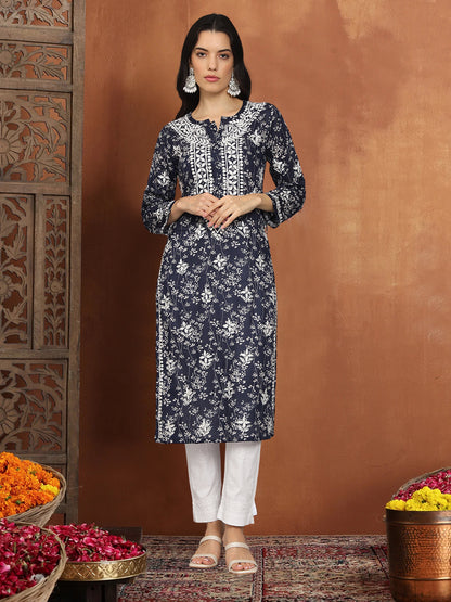 Women Hand Embroidered Chikankari Mulmul Cotton Printed Kurta-AL4041