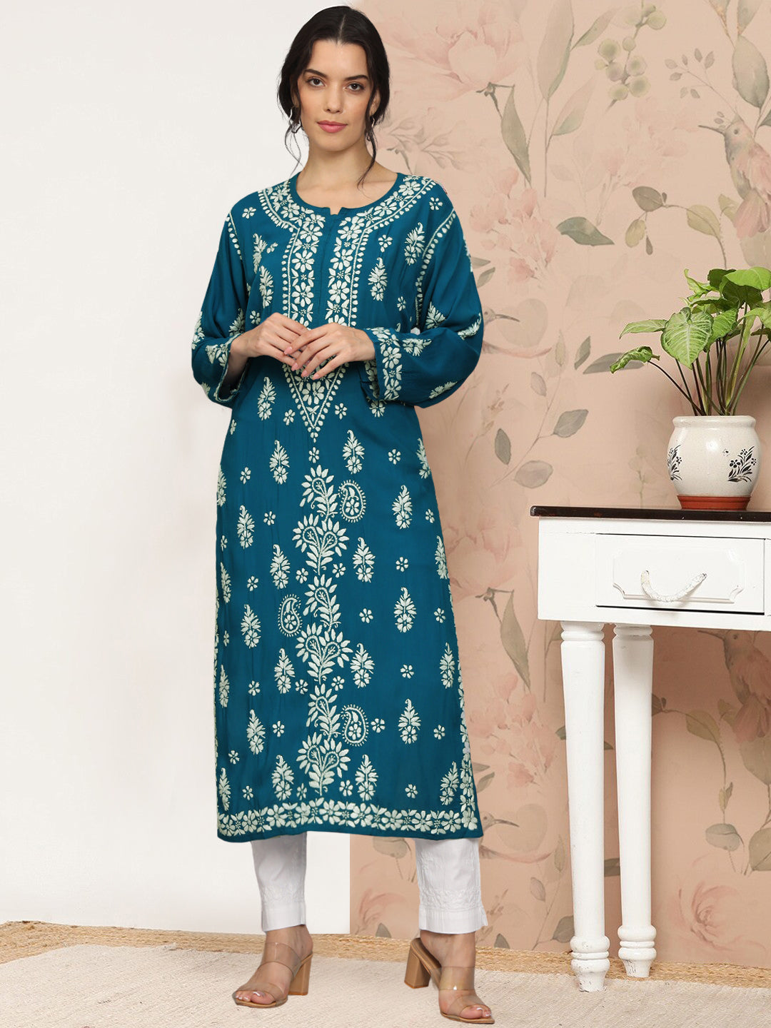 Women Chikankari Hand Embroidered Modal Kurta -AL4042