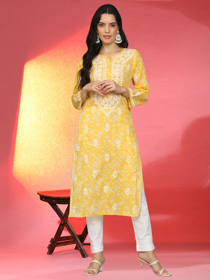 Women Hand Embroidered Chikankari Mulmul Cotton Printed Kurta-AL4041