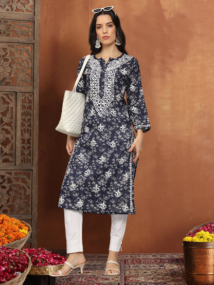 Women Hand Embroidered Chikankari Mulmul Cotton Printed Kurta-AL4041