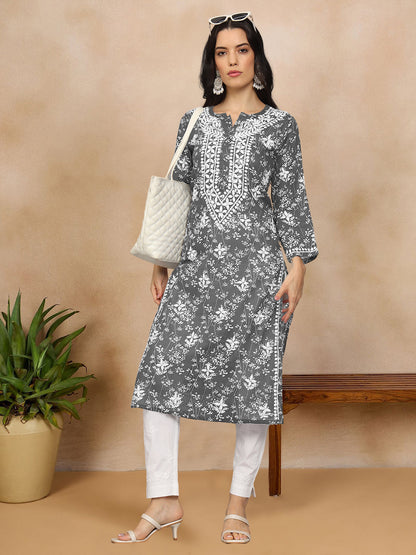 Women Hand Embroidered Chikankari Mulmul Cotton Printed Kurta-AL4041