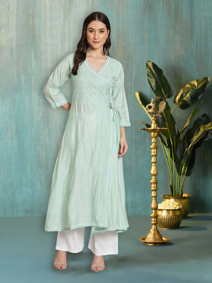 نسائي شيكانكاري مطرز يدويًا Chanderi Angrakha kurta-AL3667