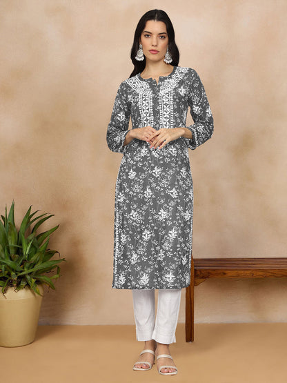 Women Hand Embroidered Chikankari Mulmul Cotton Printed Kurta-AL4041