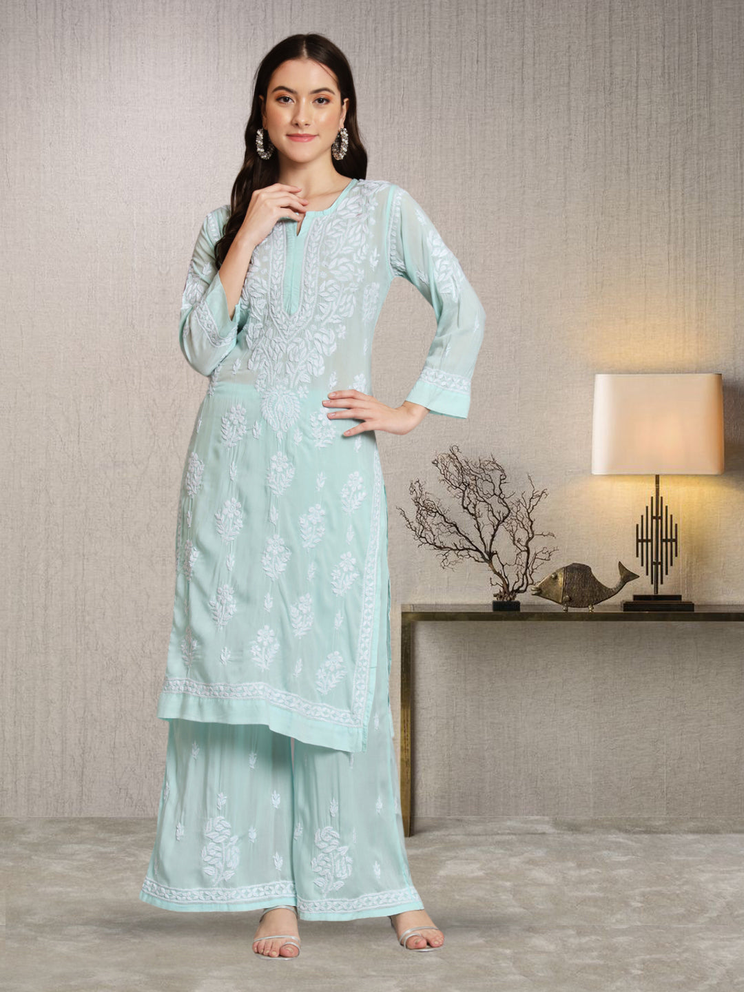 Hand Embroidered Chikan Modal Straight Kurta Palazzos AL3668KS