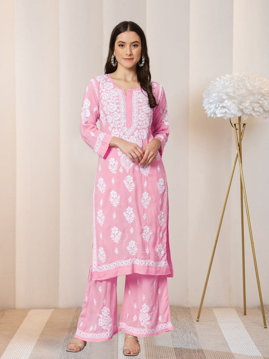 Hand Embroidered Chikan Modal Straight Kurta Palazzos AL3668KS