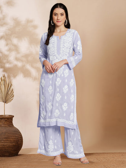 Hand Embroidered Chikan Modal Straight Kurta Palazzos AL3668KS