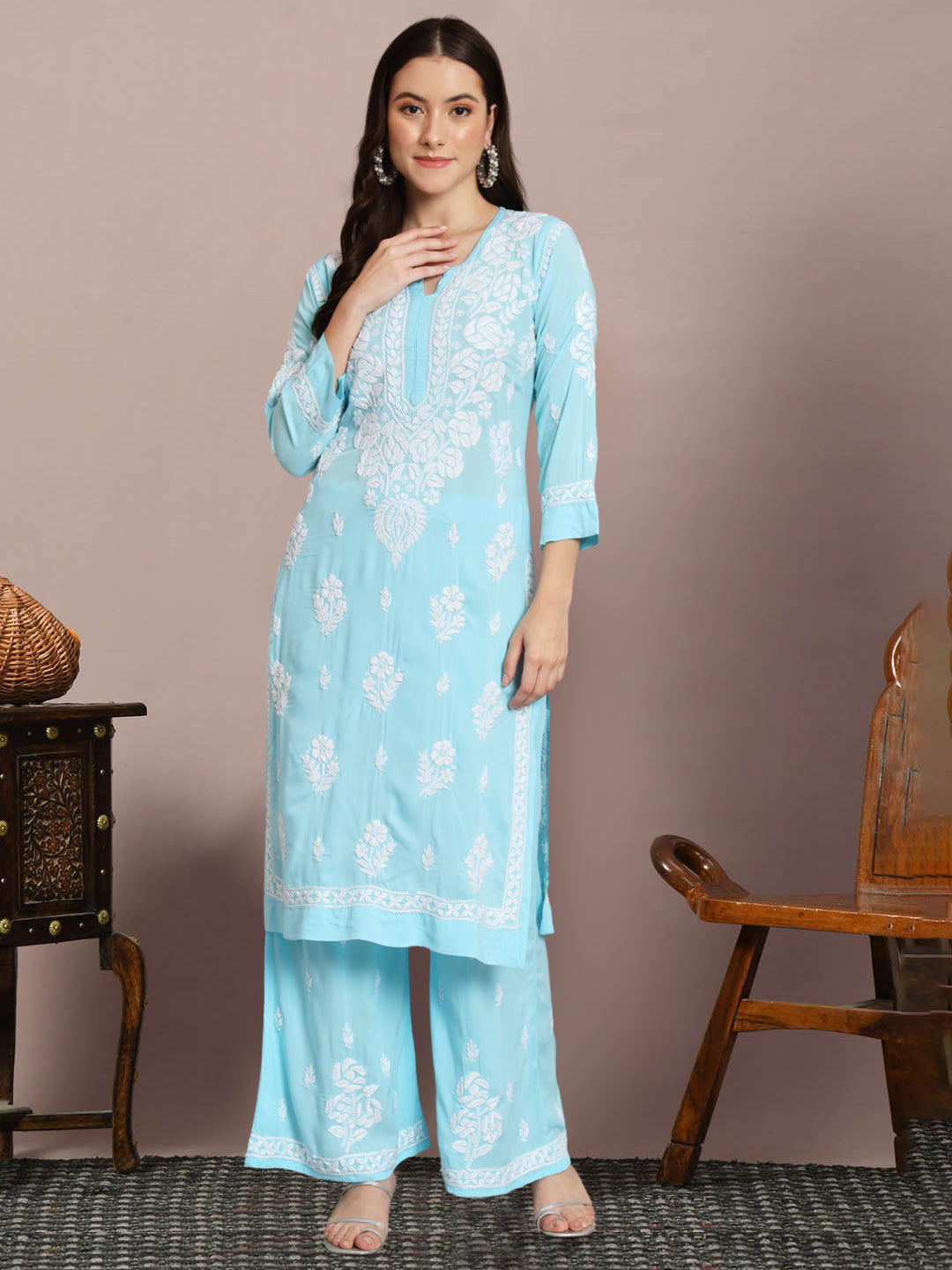 Hand Embroidered Chikan Modal Straight Kurta Palazzos AL3668KS