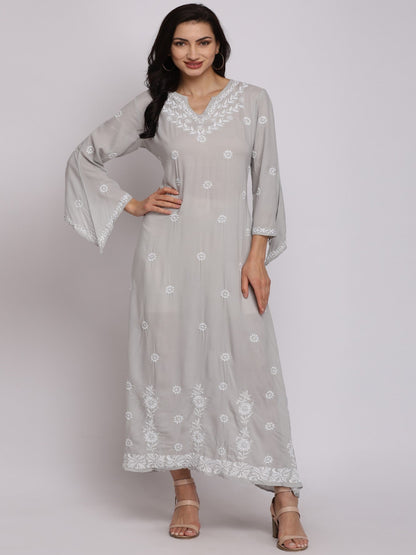 Chikankari Women Hand Embroidered Rayon A-Line Dress -AL1004