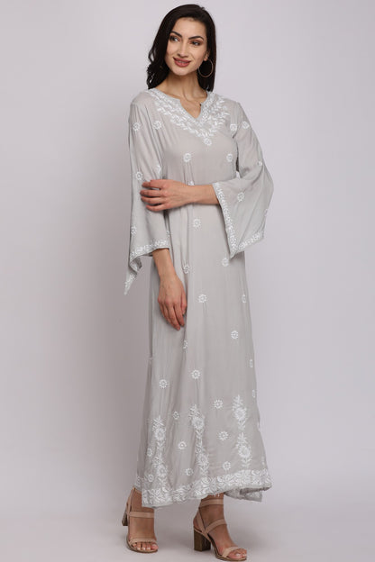 Chikankari Women Hand Embroidered Rayon A-Line Dress -AL1004