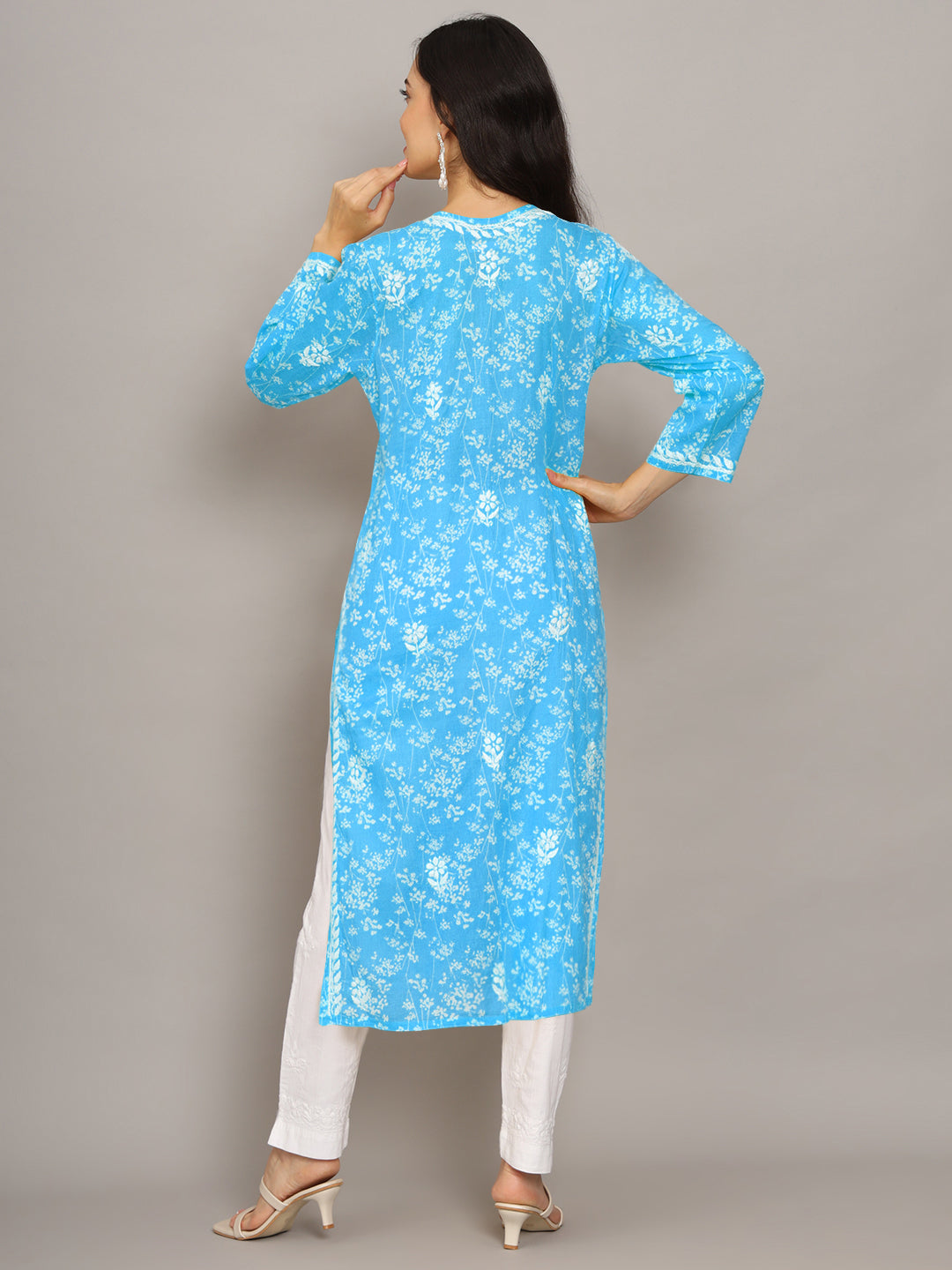 Women Hand Embroidered Chikankari Mulmul Cotton Printed Kurta-AL4041