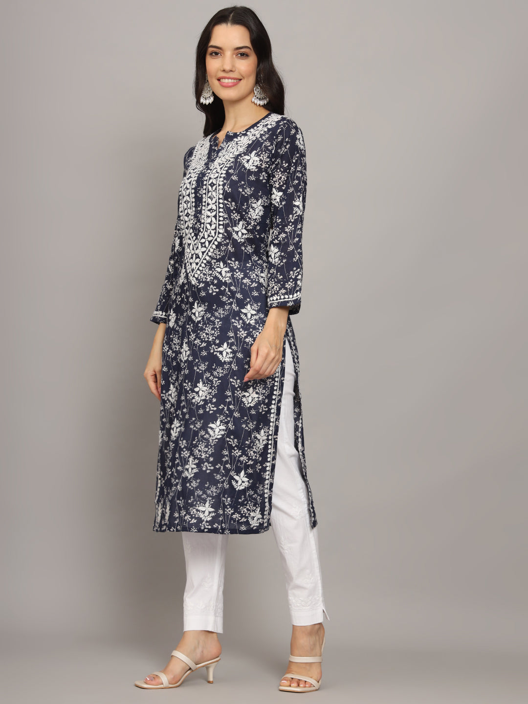 Women Hand Embroidered Chikankari Mulmul Cotton Printed Kurta-AL4041