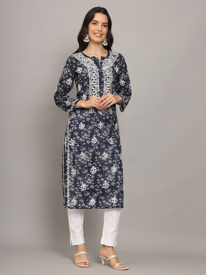 Women Hand Embroidered Chikankari Mulmul Cotton Printed Kurta-AL4041