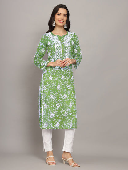 Women Hand Embroidered Chikankari Mulmul Cotton Printed Kurta-AL4041