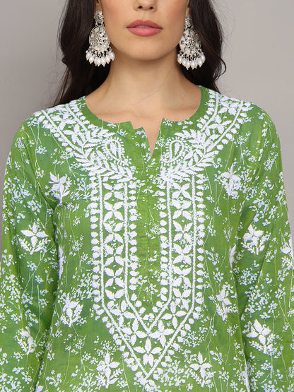 Women Hand Embroidered Chikankari Mulmul Cotton Printed Kurta-AL4041