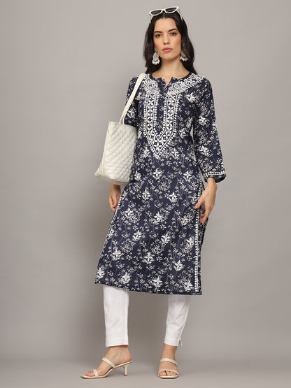 Women Hand Embroidered Chikankari Mulmul Cotton Printed Kurta-AL4041