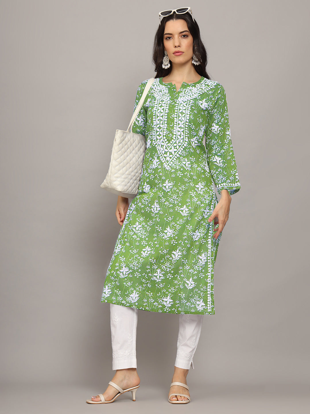 Women Hand Embroidered Chikankari Mulmul Cotton Printed Kurta-AL4041