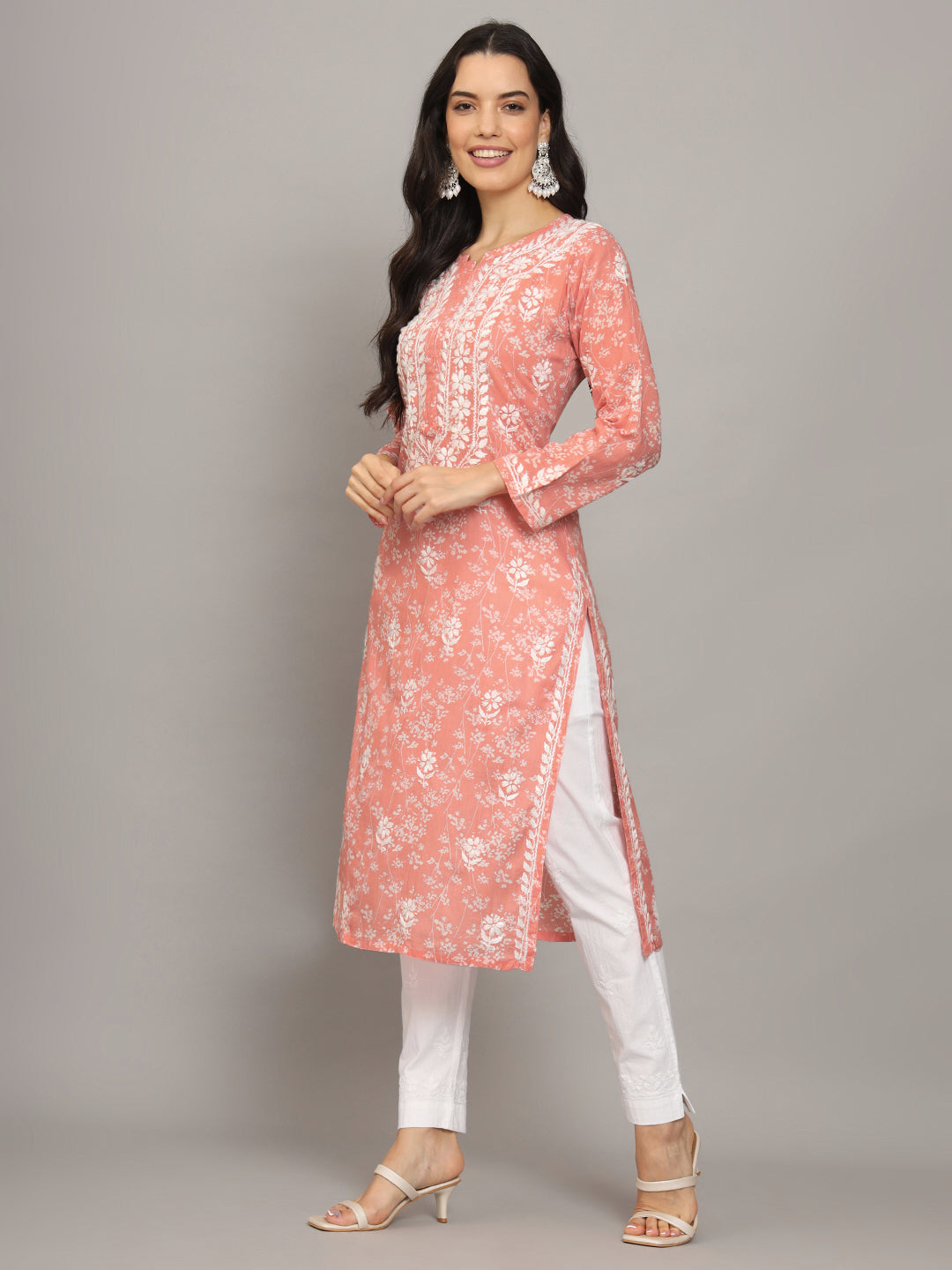 Women Hand Embroidered Chikankari Mulmul Cotton Printed Kurta-AL4041