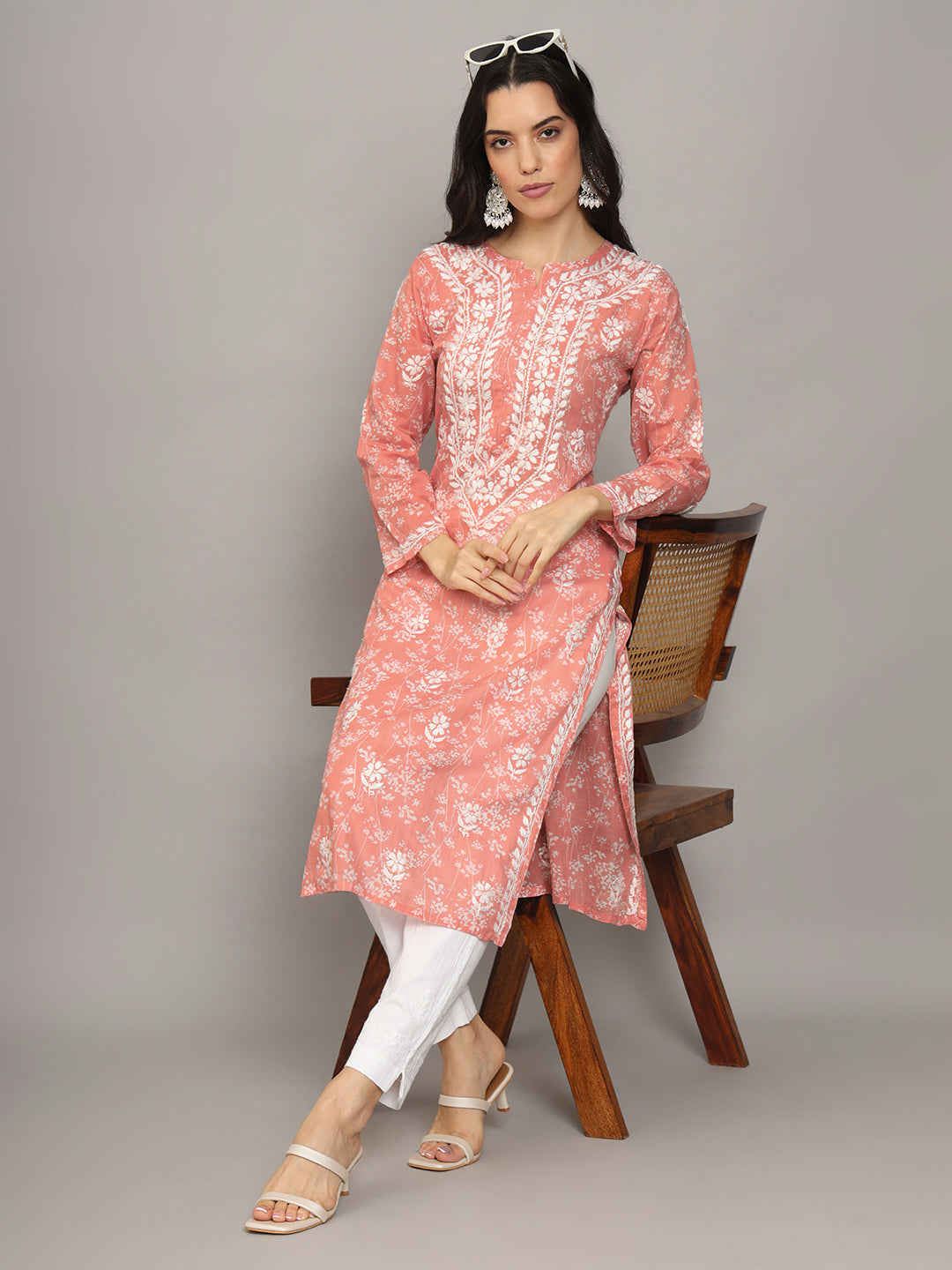 Women Hand Embroidered Chikankari Mulmul Cotton Printed Kurta-AL4041