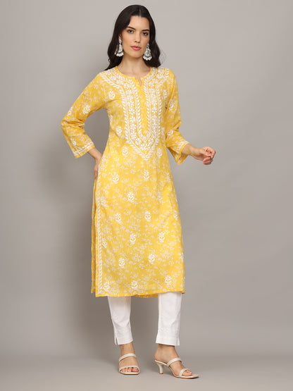 Women Hand Embroidered Chikankari Mulmul Cotton Printed Kurta-AL4041