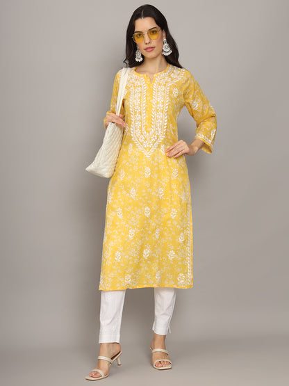 Women Hand Embroidered Chikankari Mulmul Cotton Printed Kurta-AL4041