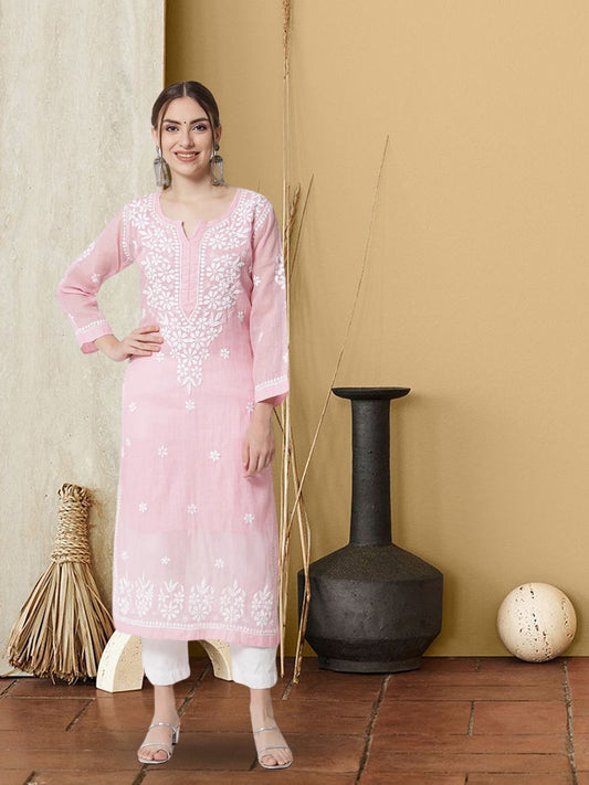 Hand Embroidered Chikankari Kota Straight Kurta With Slip-AL3540