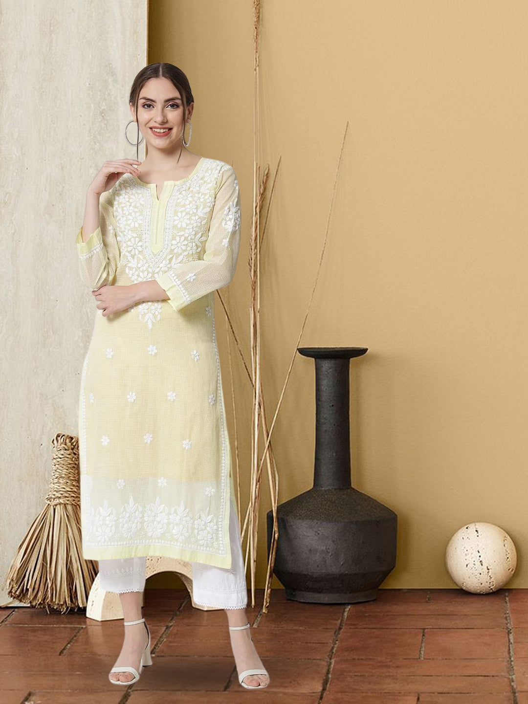 Hand Embroidered Chikankari Kota Straight Kurta With Slip-AL3540