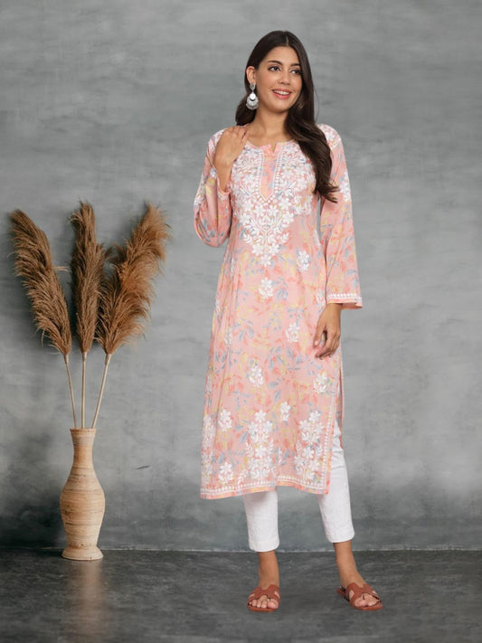 Hand Embroidered Chikan Printed Mulmul Cotton Straight Kurta-AL3680