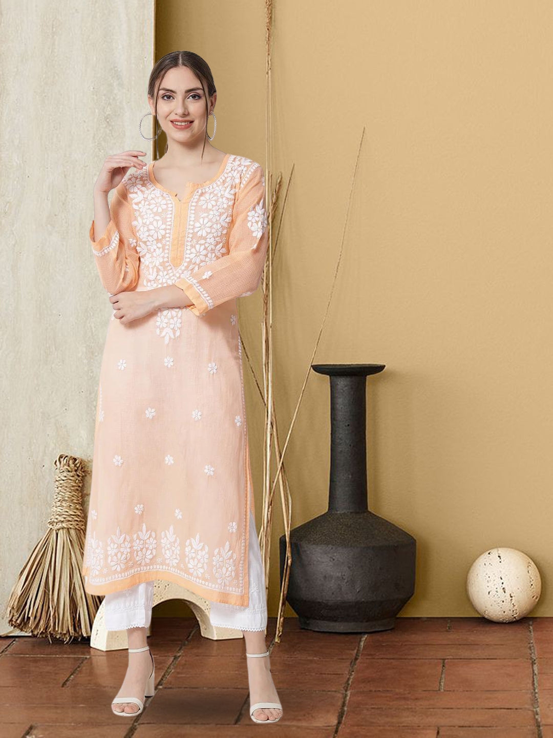 Hand Embroidered Chikankari Kota Straight Kurta With Slip-AL3540