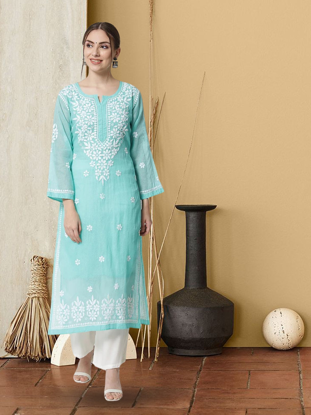 Hand Embroidered Chikankari Kota Straight Kurta With Slip-AL3540