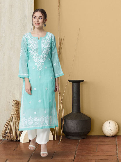 Hand Embroidered Chikankari Kota Straight Kurta With Slip-AL3540