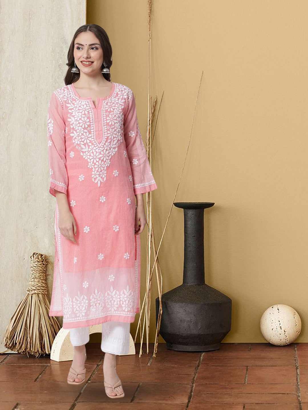 Hand Embroidered Chikankari Kota Straight Kurta With Slip-AL3540