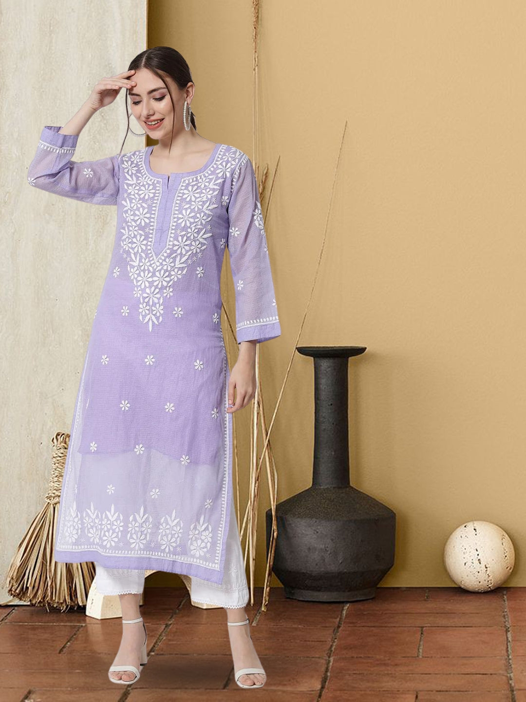 Hand Embroidered Chikankari Kota Straight Kurta With Slip-AL3540