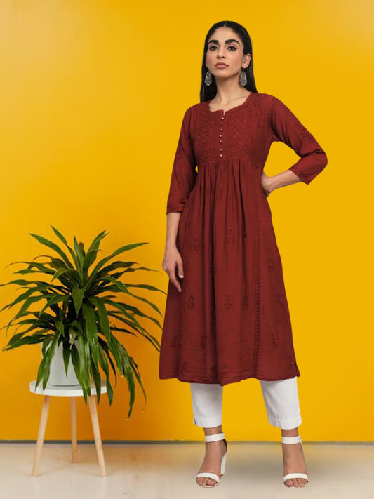 Hand embroidered floral pleated chikankari kurta AL3608