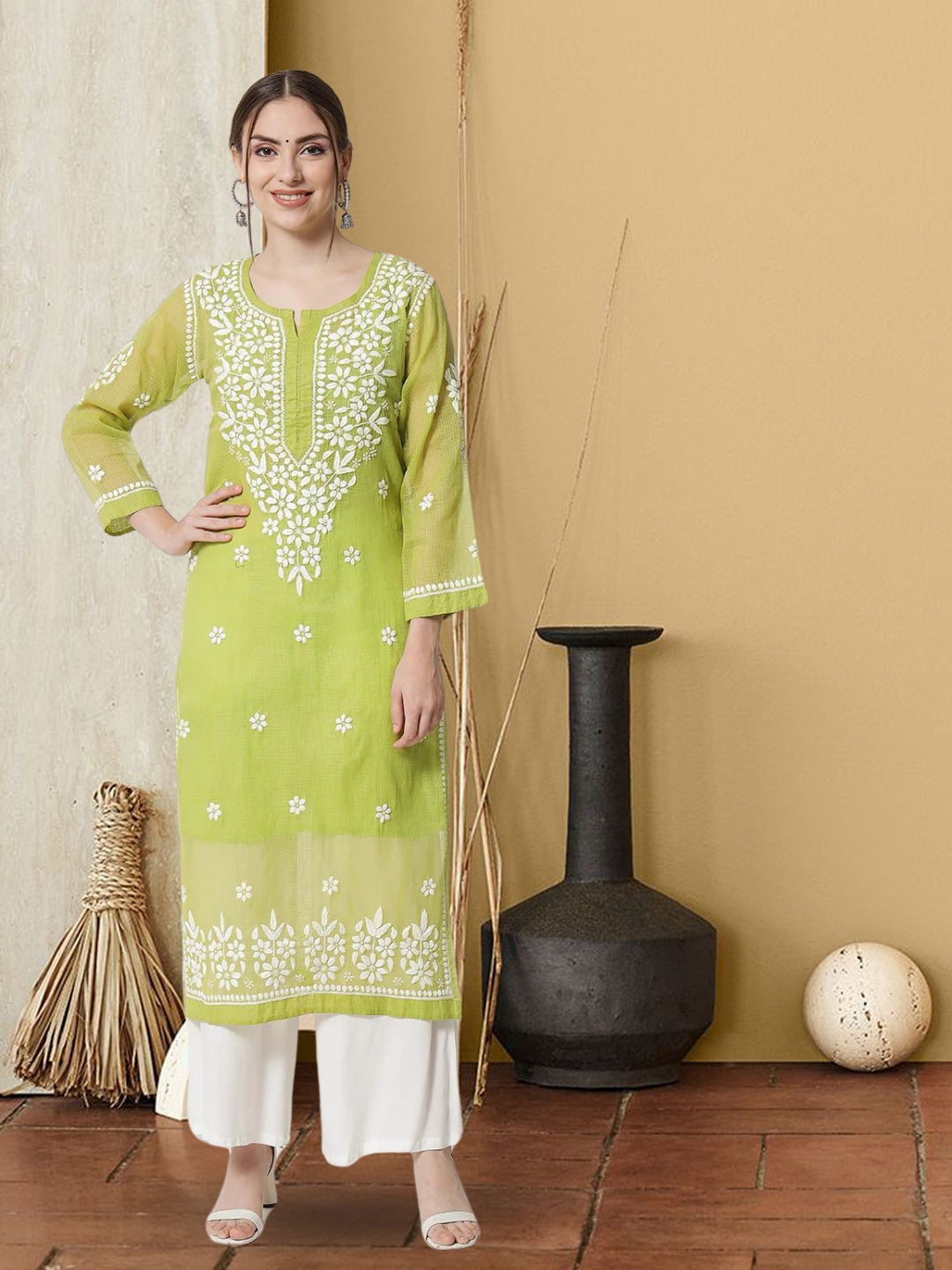 Hand Embroidered Chikankari Kota Straight Kurta With Slip-AL3540